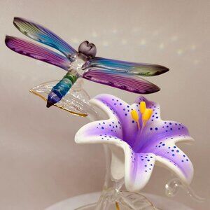 Dragonfly on Lily Glass Figurine Handcrafted Purple Flower Decor Gift